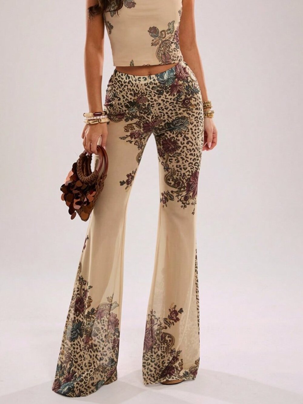 Yellow Elegant Women's Low Waist Mesh Pattern Print Flare Pants - Picture 6 of 7